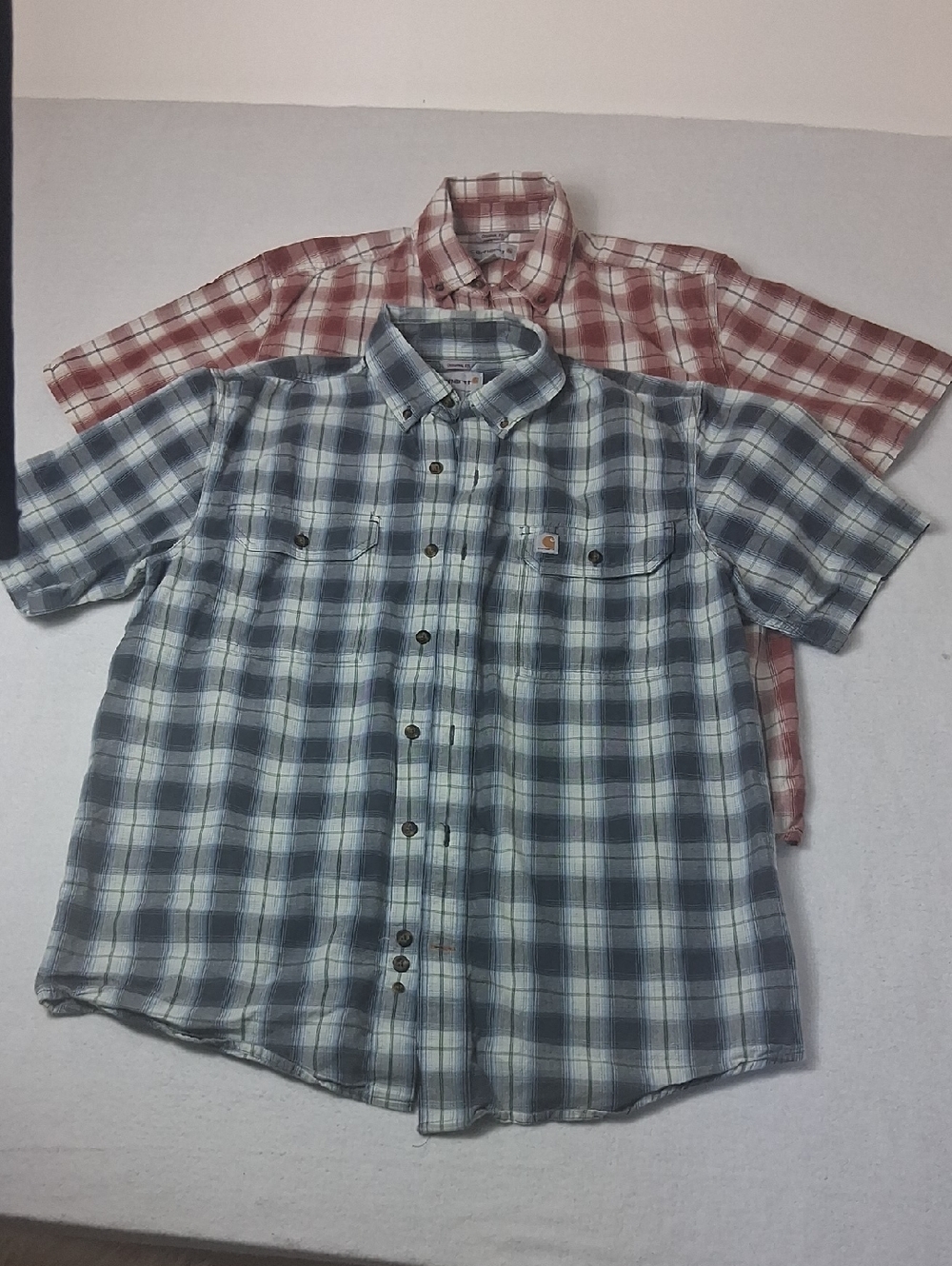 Men's Carhartt Shirts, Set Of Two. One Red Plaid, One Blue Plaid, Size Medium